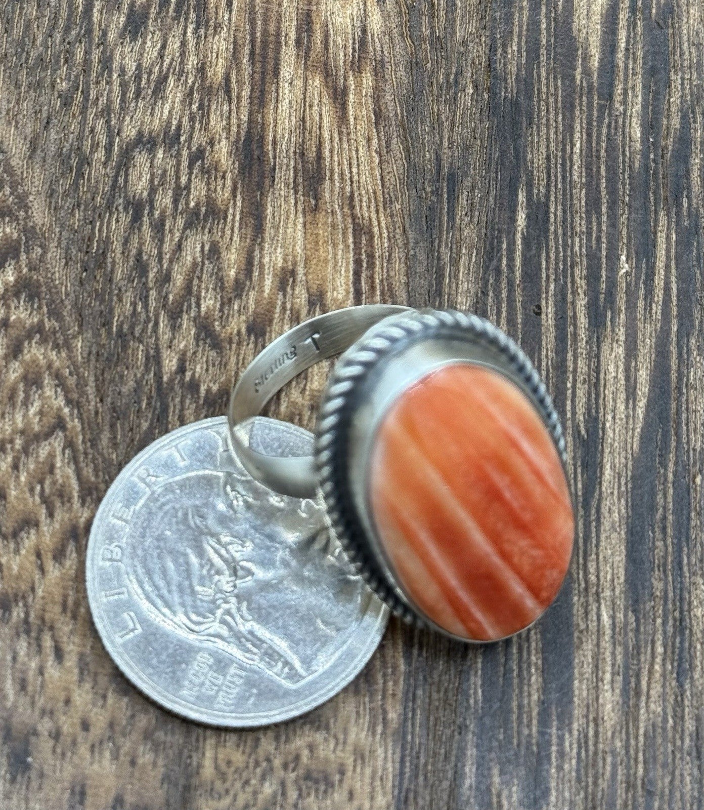 Navajo Handmade Sterling Silver Orange Spiny Oyster Adjustable Ring Size 7 - 10