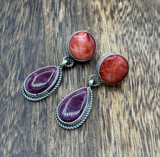 Navajo Handmade Sterling Silver Mixed Spiny Oyster Shell Post Dangle Earrings