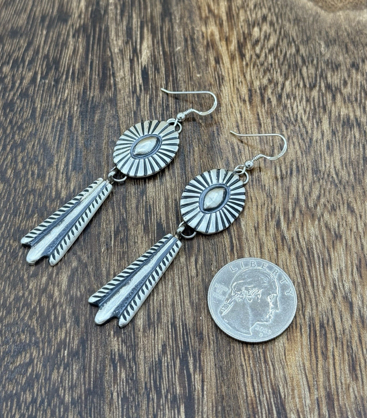 Navajo Handmade Sterling Silver Old Look Stamped Concho Design Dangle Earrings