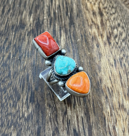 Native Navajo Handmade Sterling Silver Mixed Stone Turquoise Cluster Ring Size 7