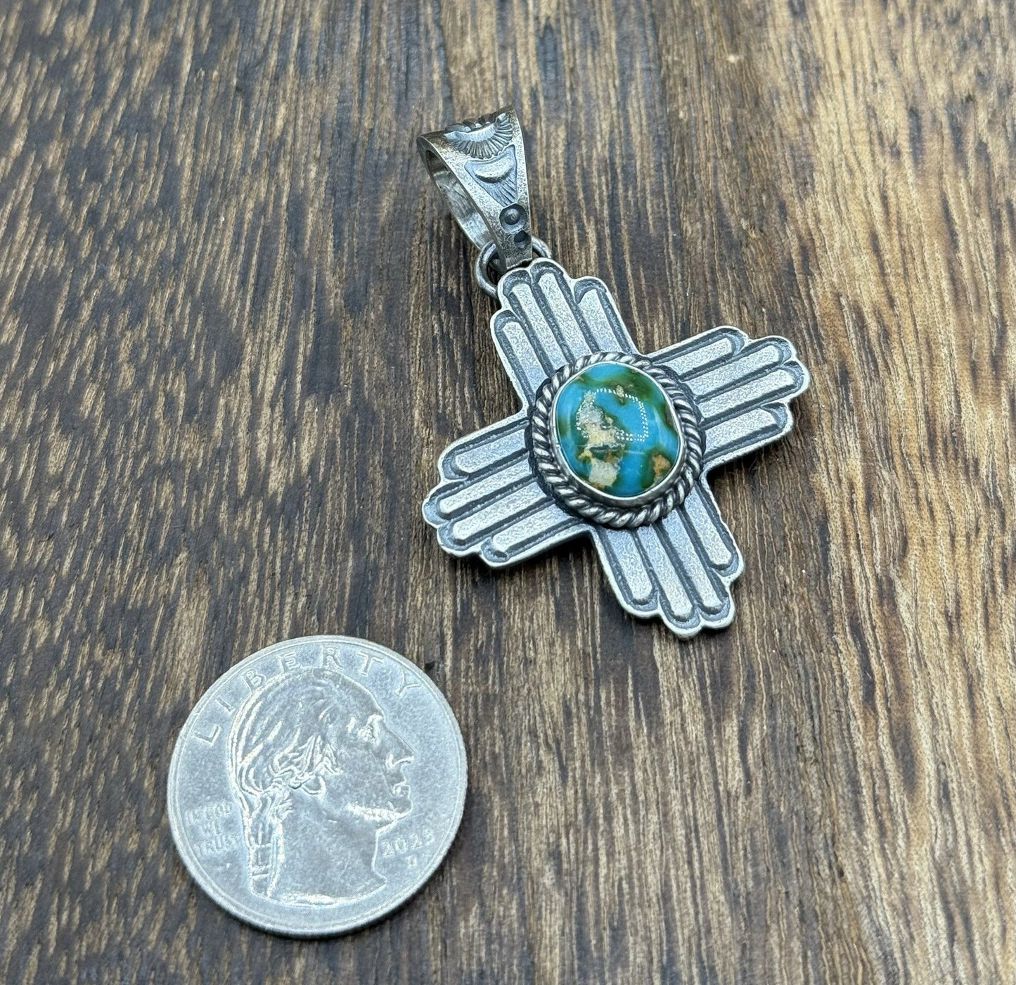 Navajo Handmade Sterling Silver Old Look Sonoran Gold Turquoise Zia Pendant