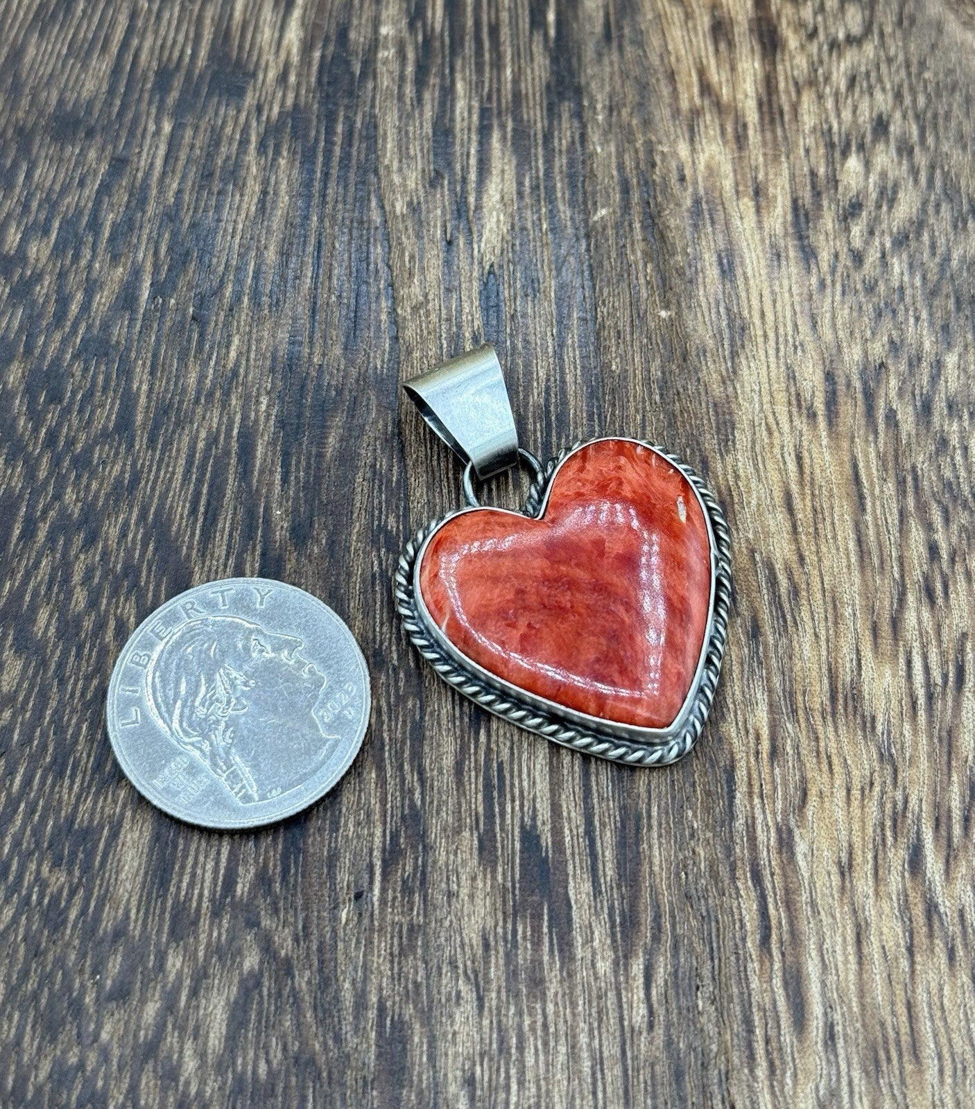 Navajo Handmade Sterling Silver Red Spiny Oyster Shell Heart Shaped Pendant