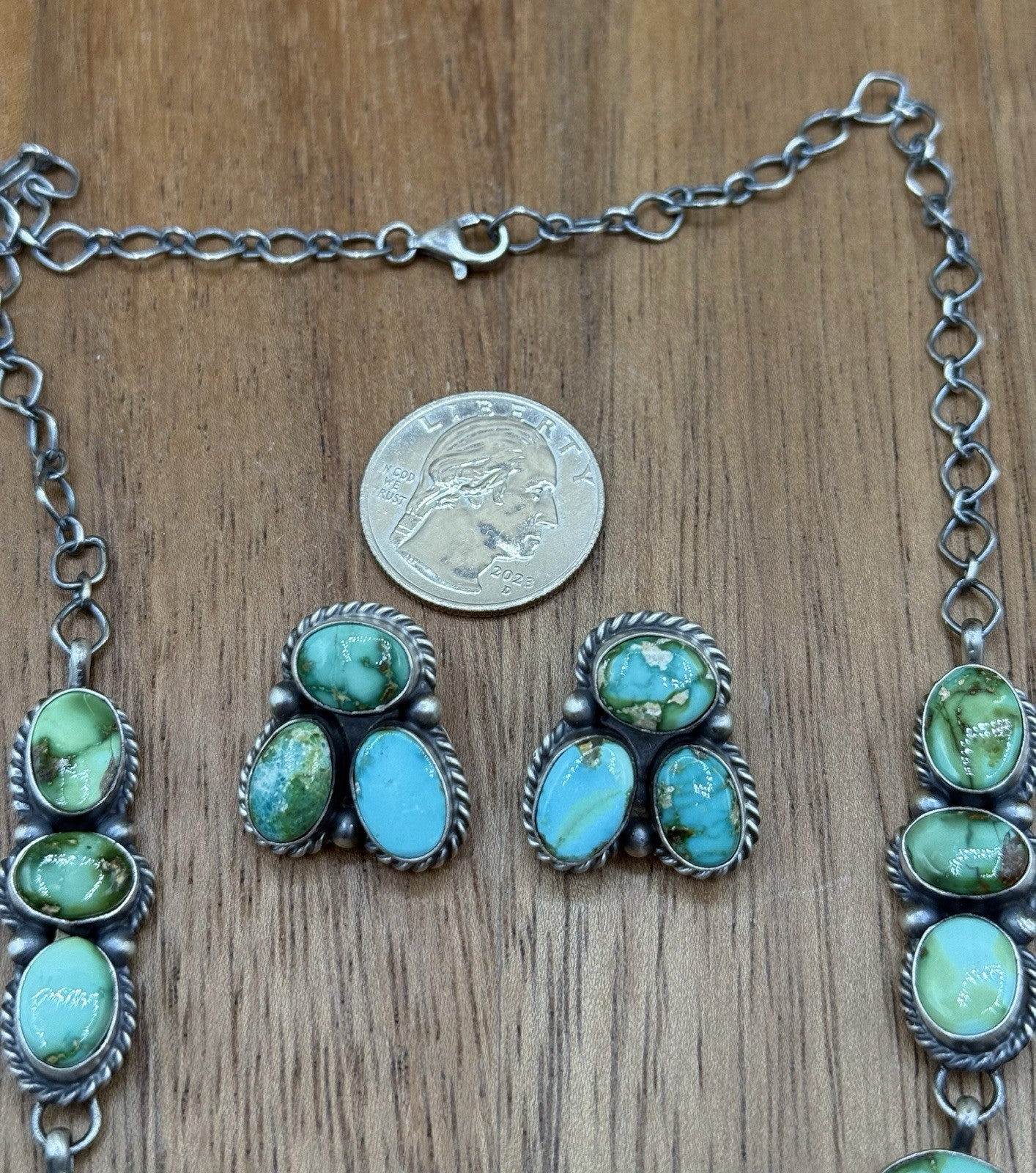 Navajo Handmade Sterling Silver Sonoran Gold Turquoise Cluster Necklace Set 20”