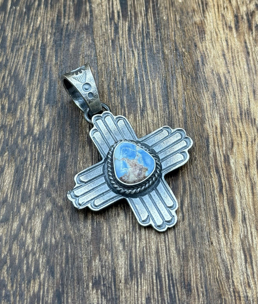 Navajo Handmade Sterling Silver Old Look Golden Hills Turquoise Zia Pendant