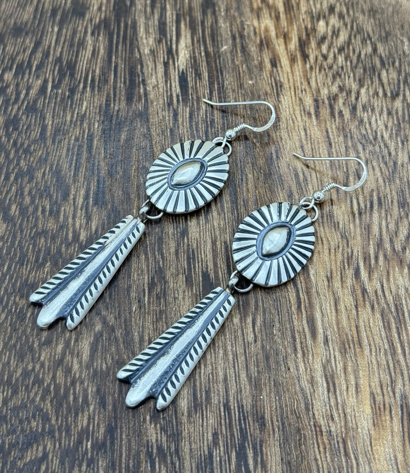 Navajo Handmade Sterling Silver Old Look Stamped Concho Design Dangle Earrings