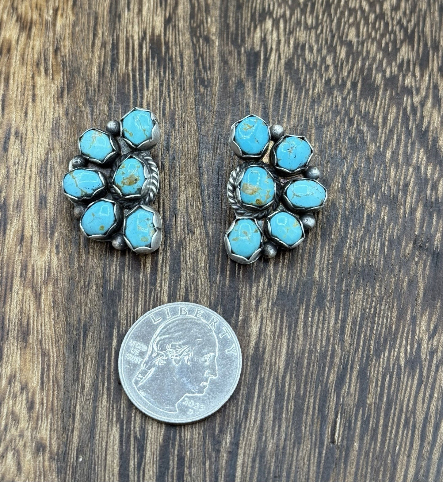 Navajo Handmade Sterling Silver Kingman Turquoise Half Cluster Post Earrings