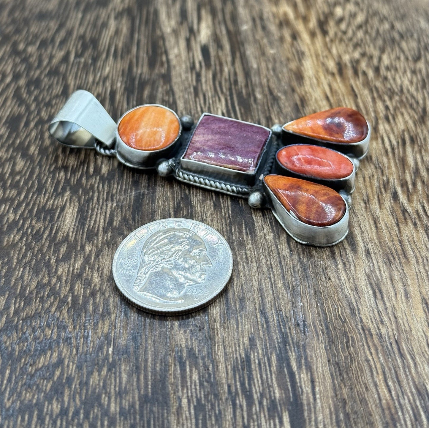 Native Navajo Handmade Sterling Silver Multi Spiny Oyster Shell Cluster Pendant