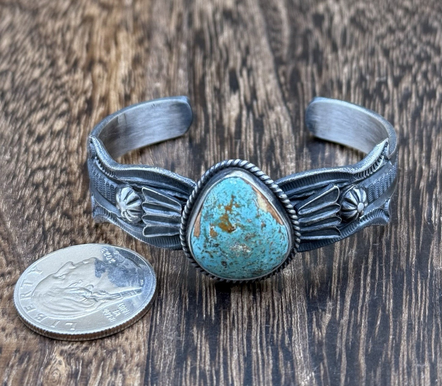Navajo Handmade Sterling Silver Royston Turquoise Old look Cast Bracelet