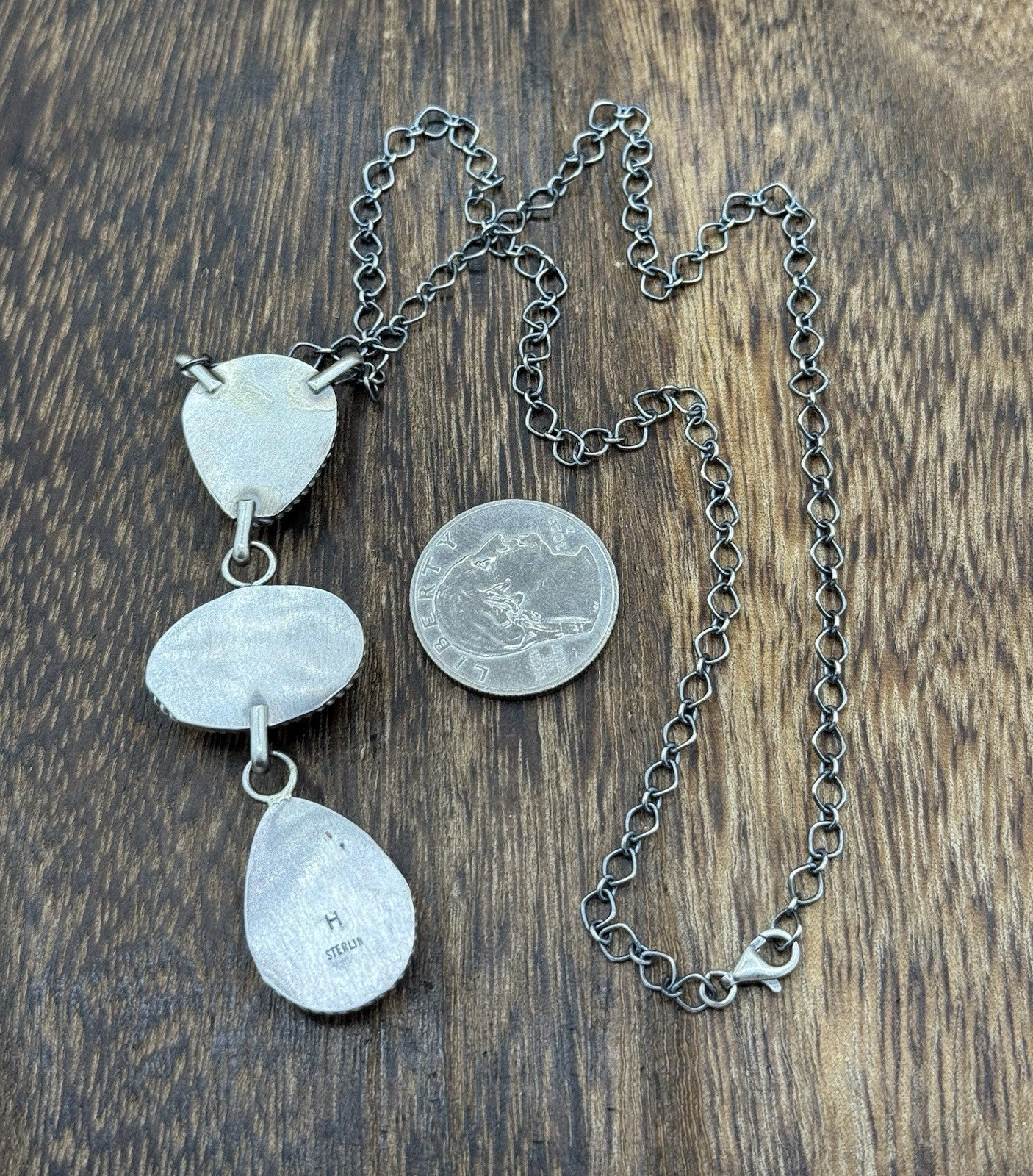 Native Navajo Handmade Sterling Silver Kingman Turquoise Lariat Necklace 18”