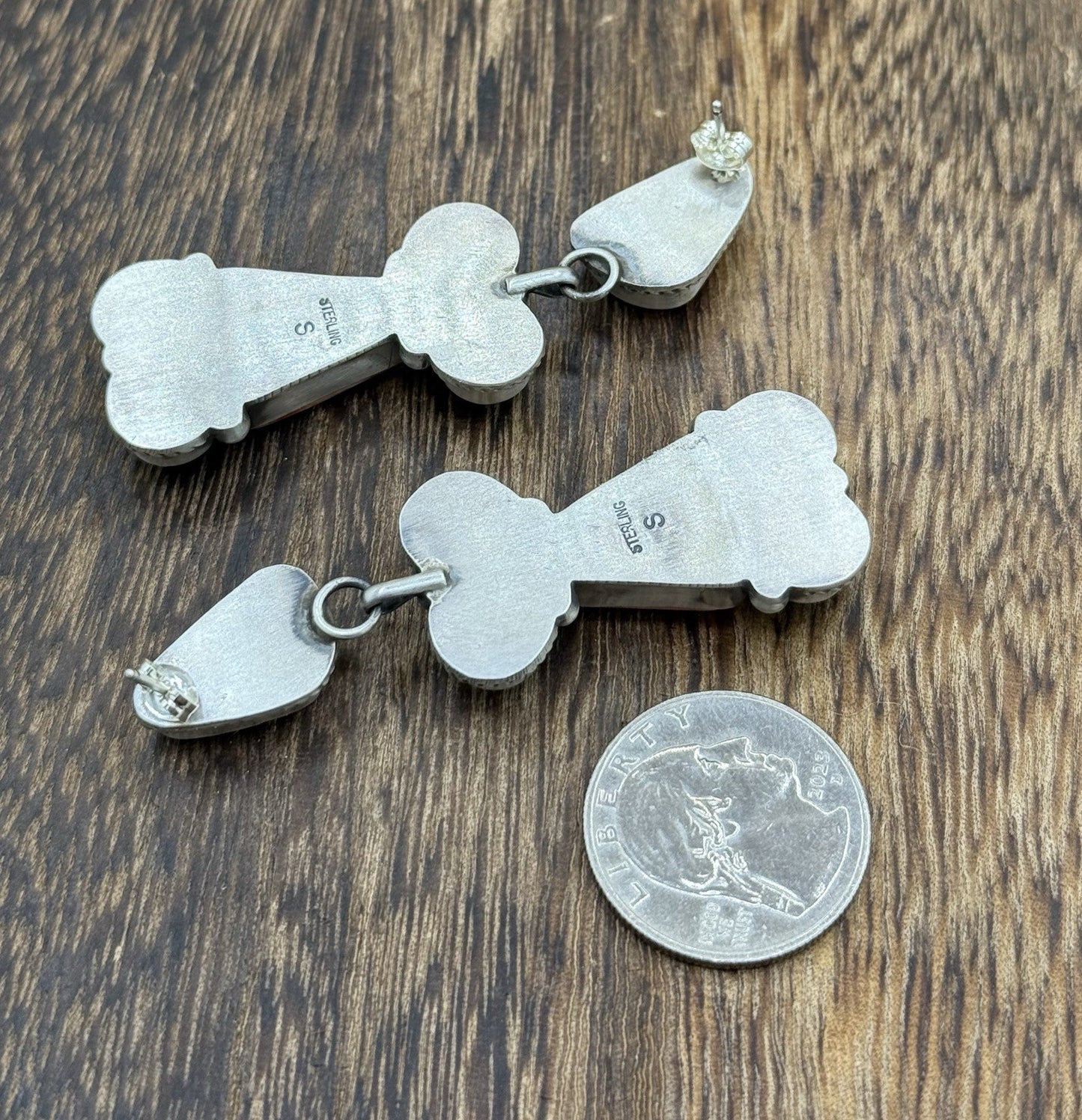 Navajo Handmade Sterling Silver Turquoise & Spiny Oyster Post Dangle Earrings