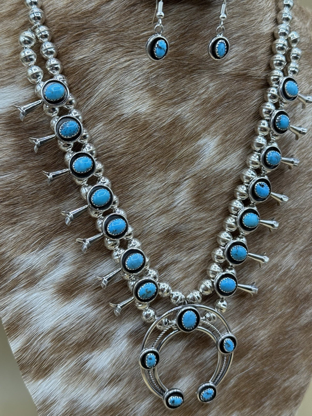 Native American Navajo Handmade Silver Kingman Turquoise Squash Blossom Set 18”