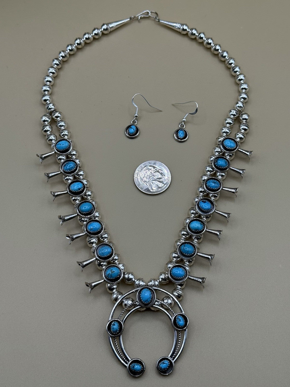 Native American Navajo Handmade Silver Kingman Turquoise Squash Blossom Set 18”