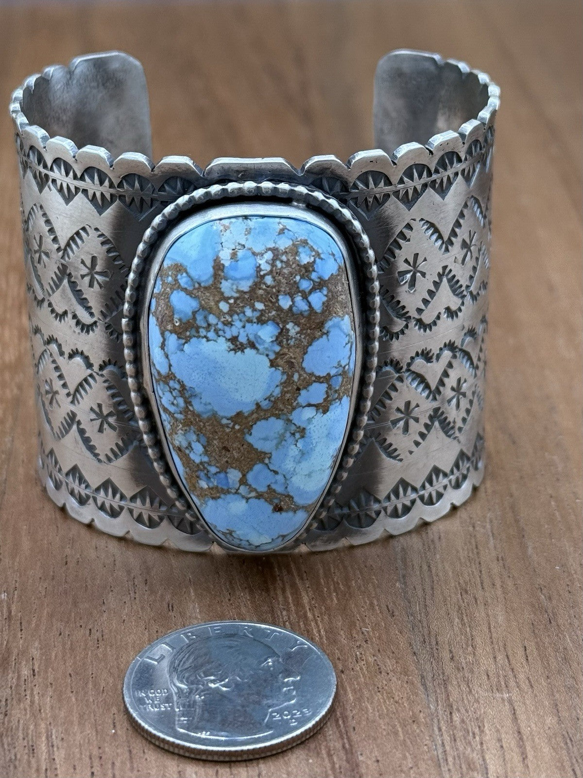 Navajo Handmade Sterling Silver Golden Hills Turquoise Stamped Cuff Bracelet