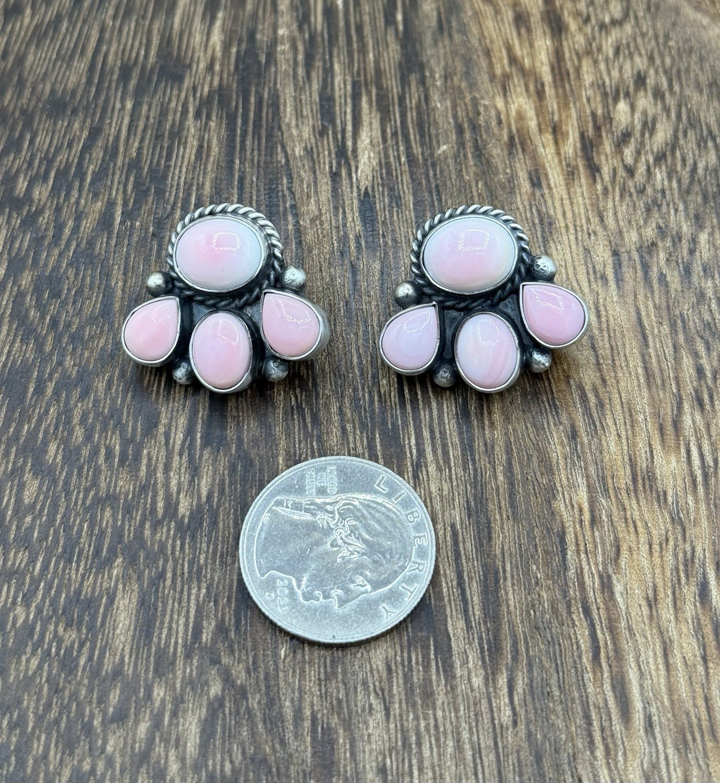 Native Navajo Handmade Sterling Silver Pink Conch Shell Cluster Earrings