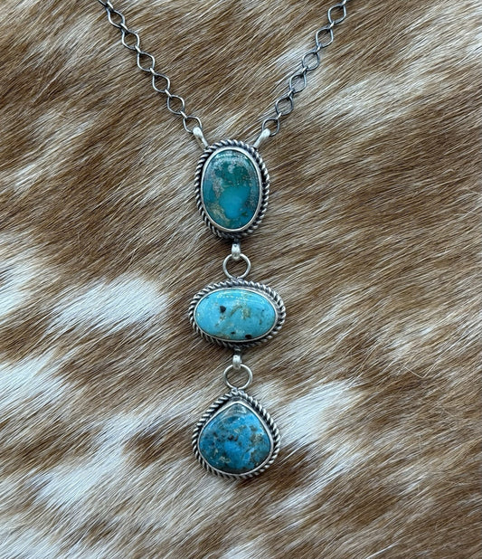 Native Navajo Handmade Sterling Silver Kingman Turquoise Lariat Necklace 18”