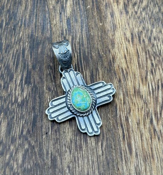 Navajo Handmade Sterling Silver Old Look Sonoran Gold Turquoise Zia Pendant