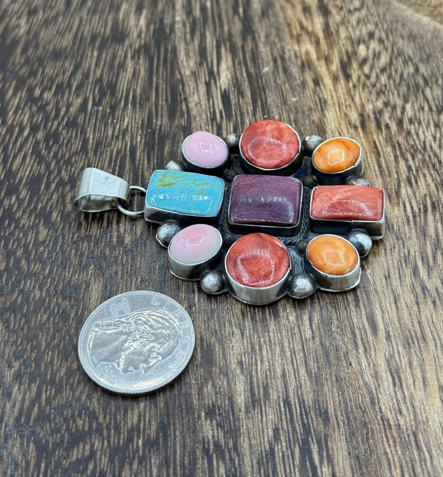 Navajo Handmade Sterling Silver Multi Color Turquoise Spiny Cluster Pendant Lg.