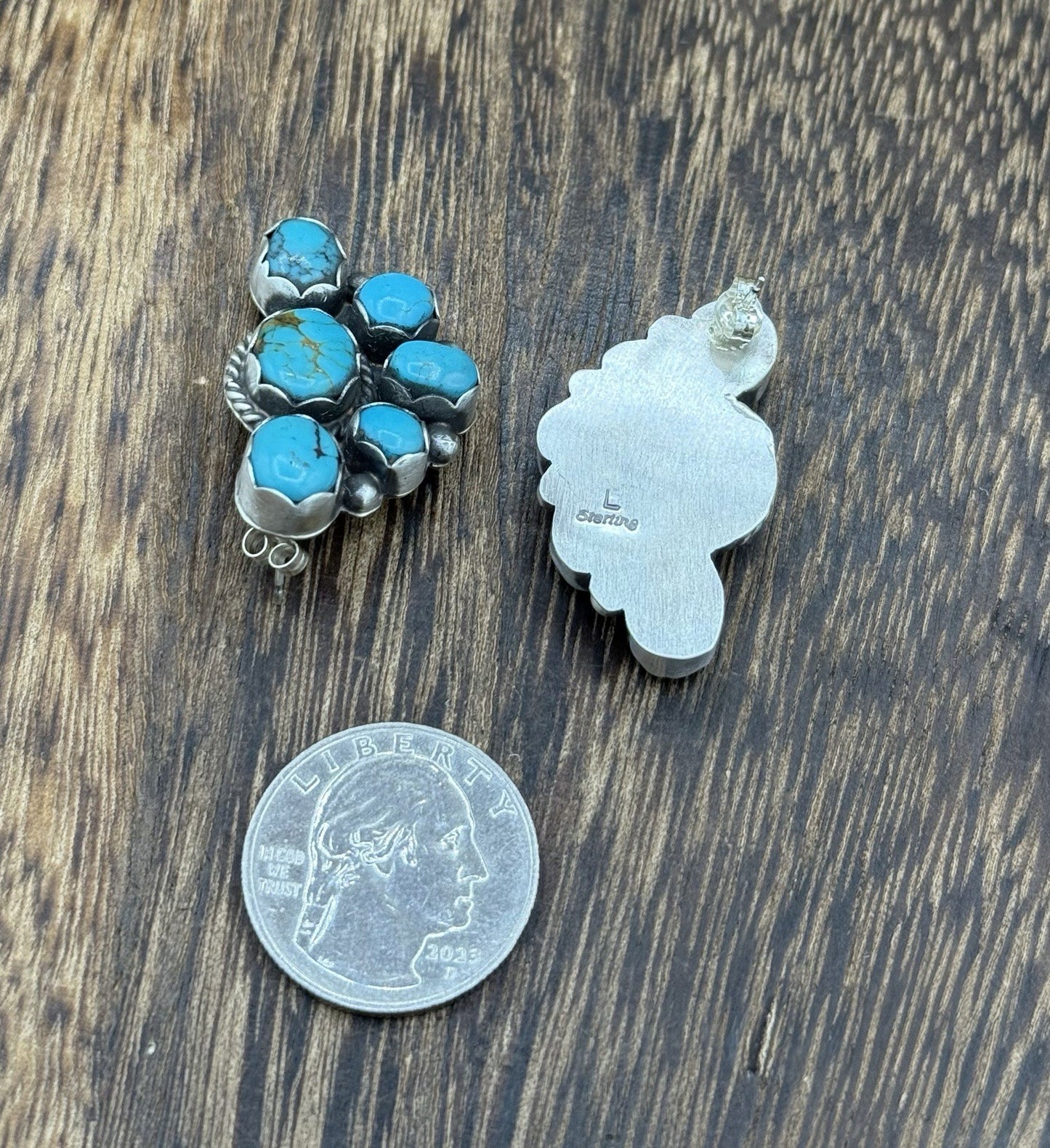 Navajo Handmade Sterling Silver Kingman Turquoise Half Cluster Post Earrings