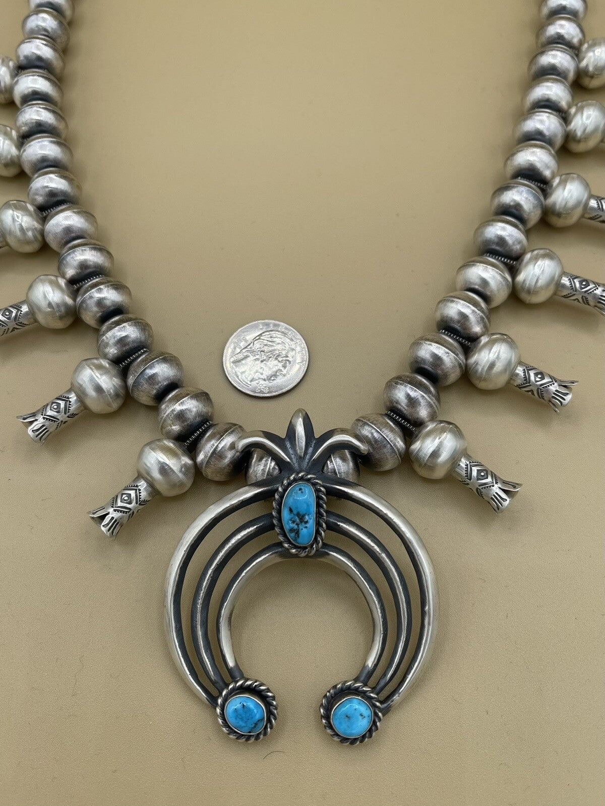 Native American Indian Navajo handmade Turquoise Squash Blossom Necklace Chris H