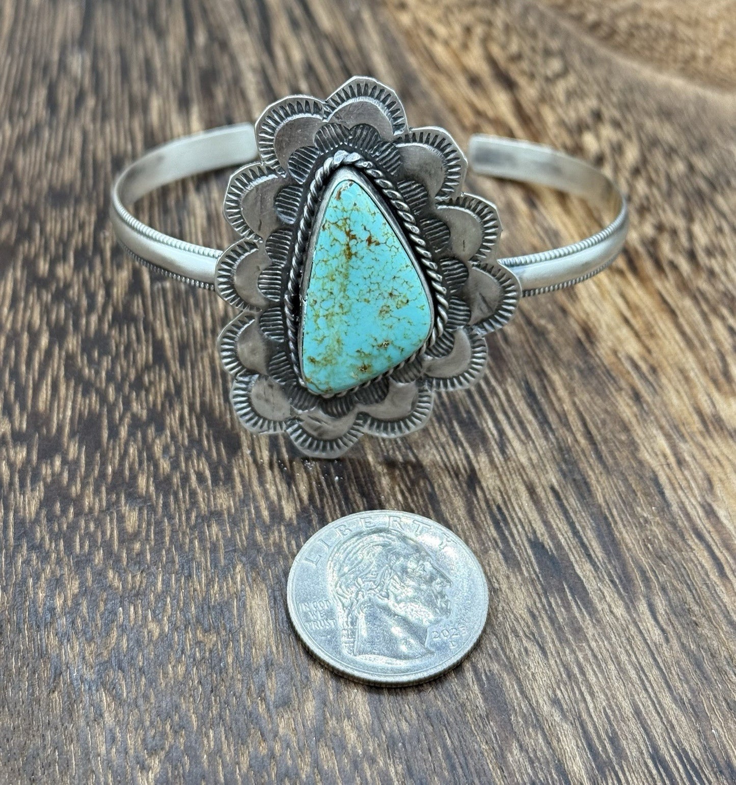 Native Navajo Handmade Sterling Silver Kingman Turquoise Cuff Stamped Bracelet