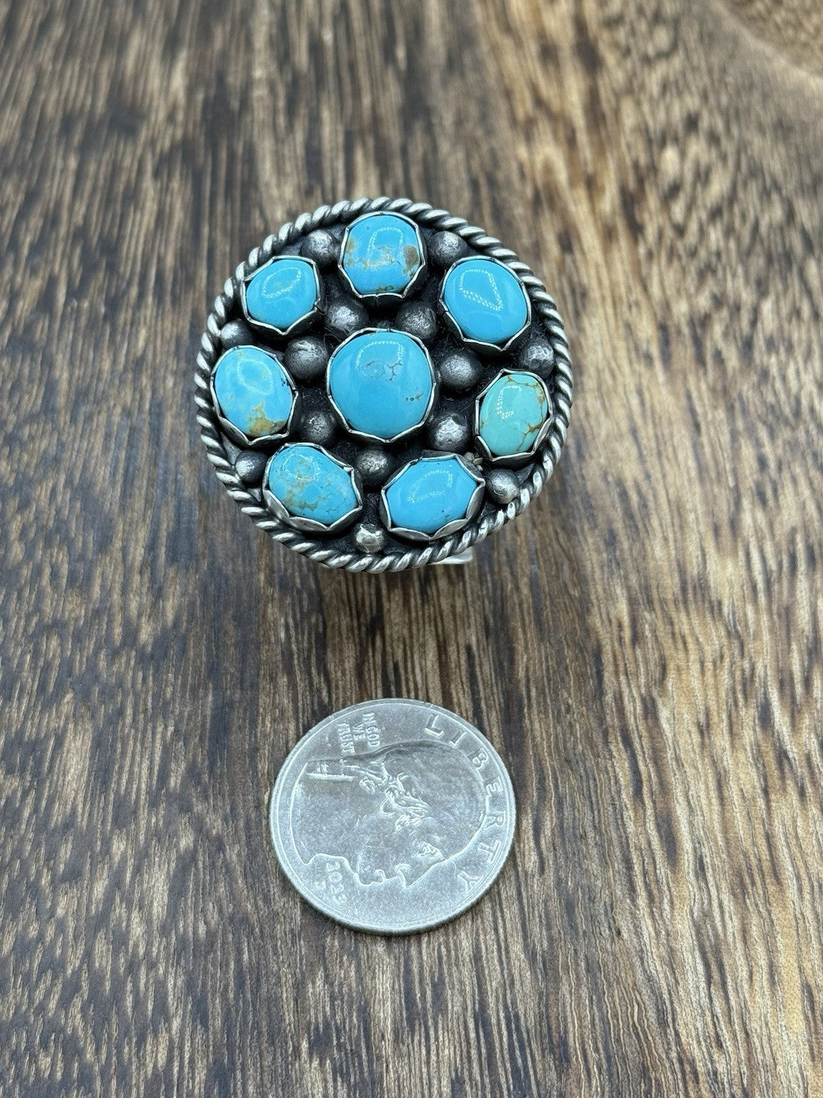 Navajo Handmade Sterling Silver Kingman Turquoise Adjustable Ring Size 7 To 9