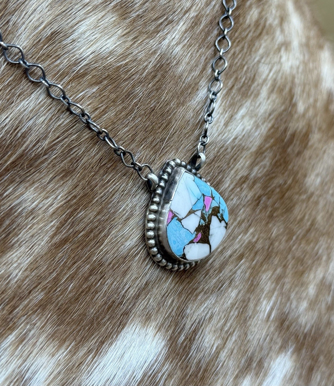 Native Navajo Handmade Sterling Silver Cotton Candy Dahlia Bar Necklace 18”