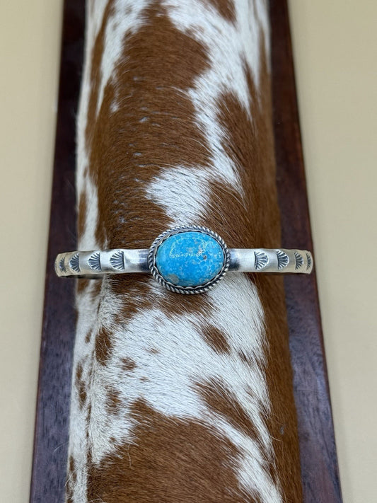 Native Navajo Handmade Sterling Silver Kingman Turquoise Stacker Cuff Bracelet