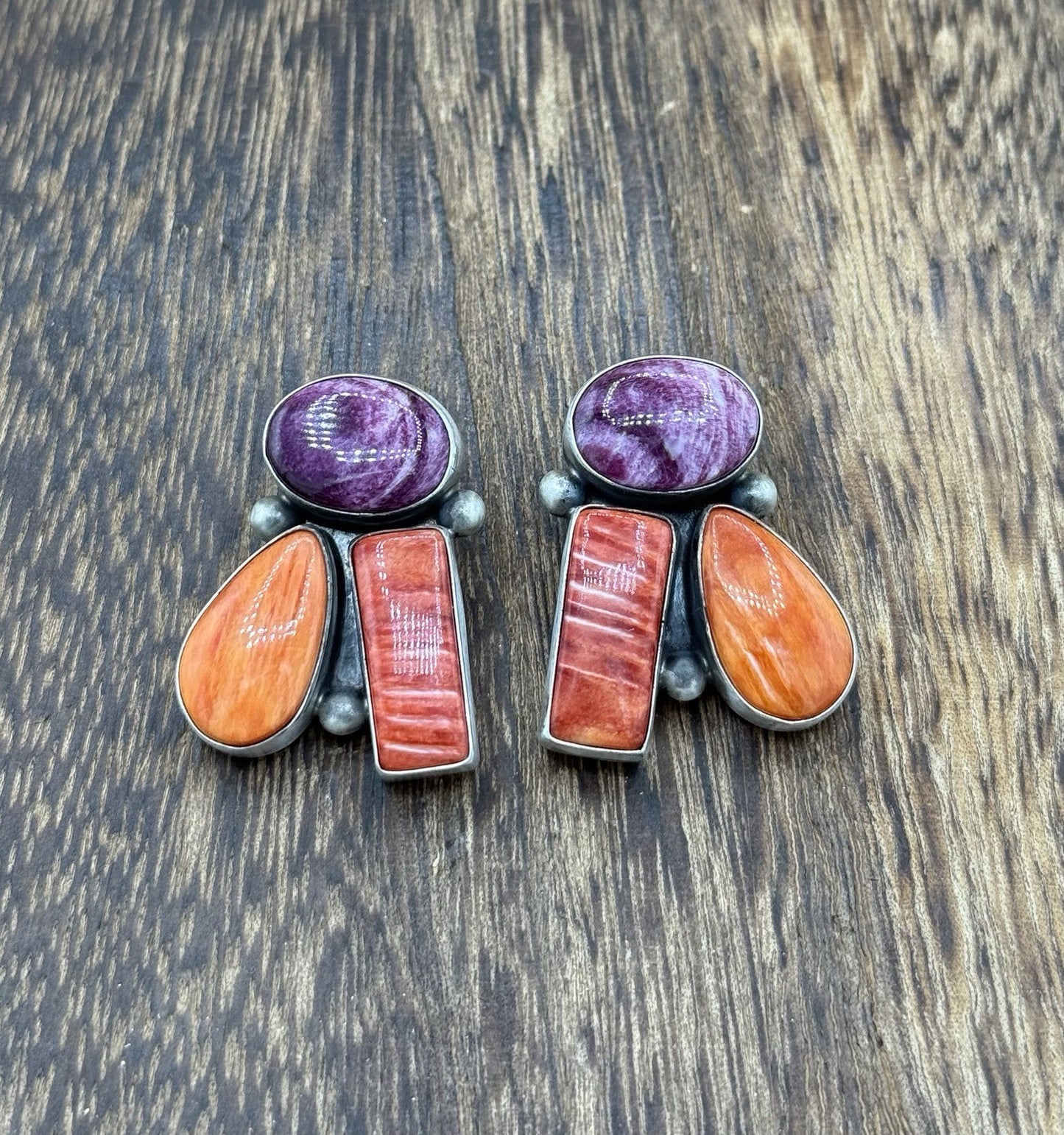 Navajo Handmade Sterling Silver Multi Color Spiny Oyster Post Cluster Earrings