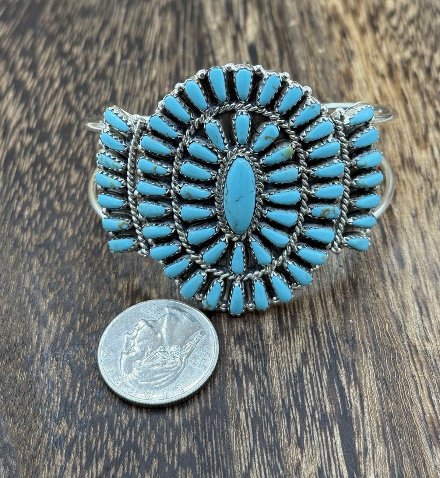 Native American Navajo Handmade Sterling Silver Turquoise Cluster Cuff Bracelet