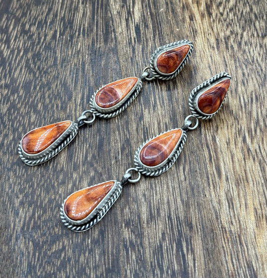 Native Navajo Handmade Sterling Silver Orange Spiny Oyster Post Dangle Earrings