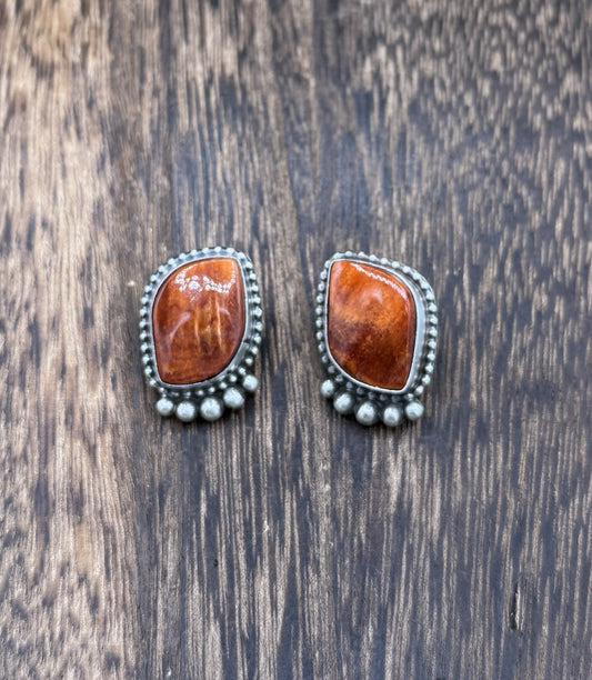 Native Navajo Handmade Sterling Silver Orange Spiny Oyster Post Stud Earrings