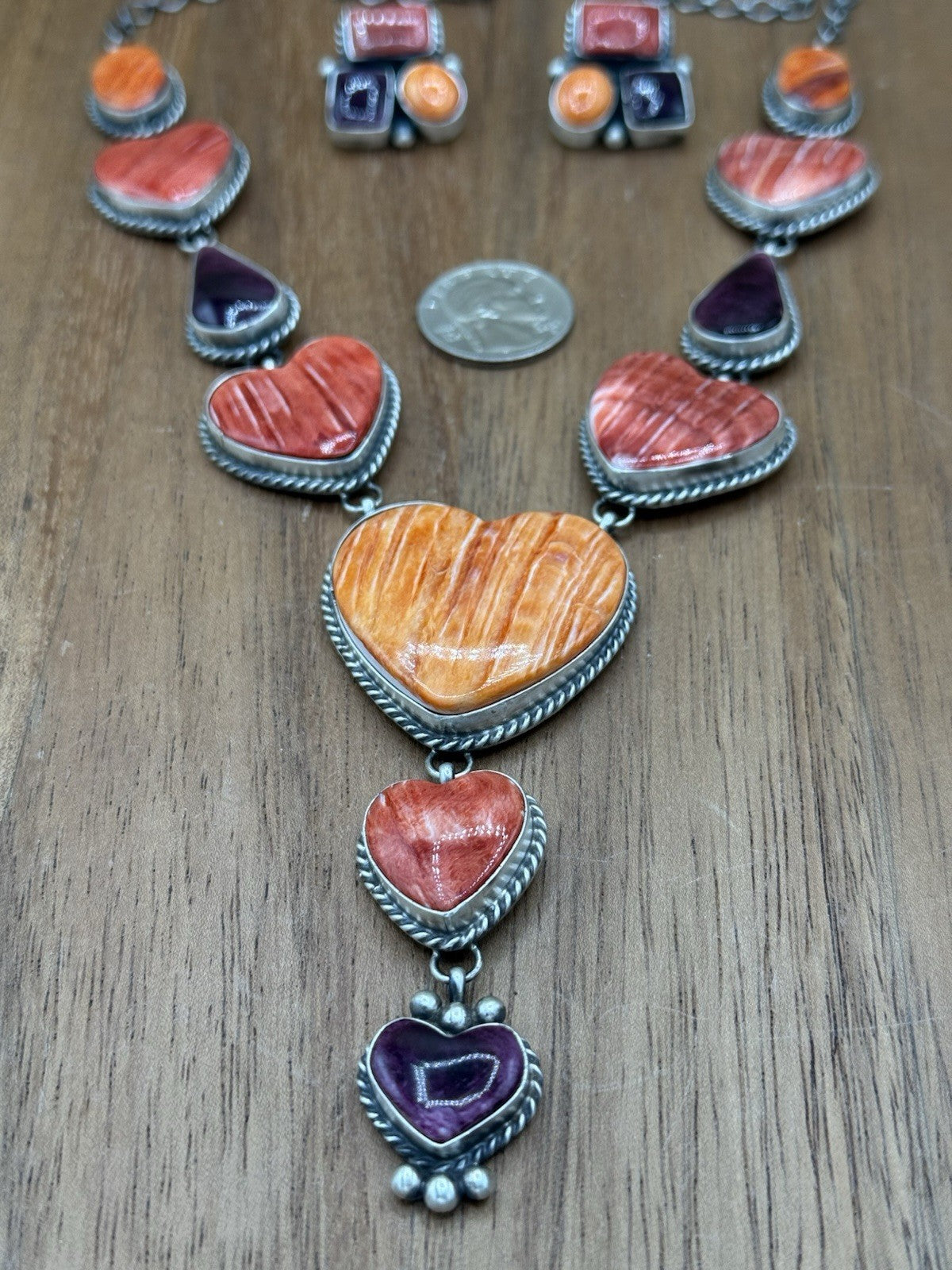 Navajo Handmade Sterling Silver Multi Spiny Oyster Shell Cluster Lariat Necklace