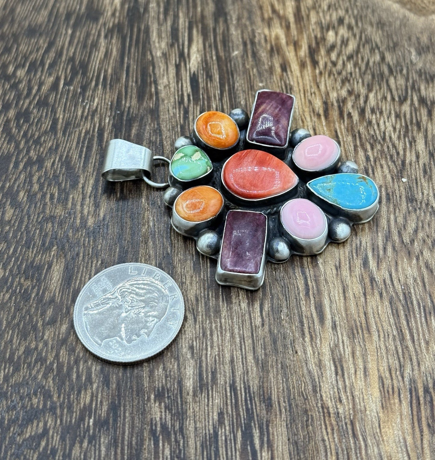 Navajo Handmade Sterling Silver Multi Color Turquoise Spiny Cluster Pendant Lg.