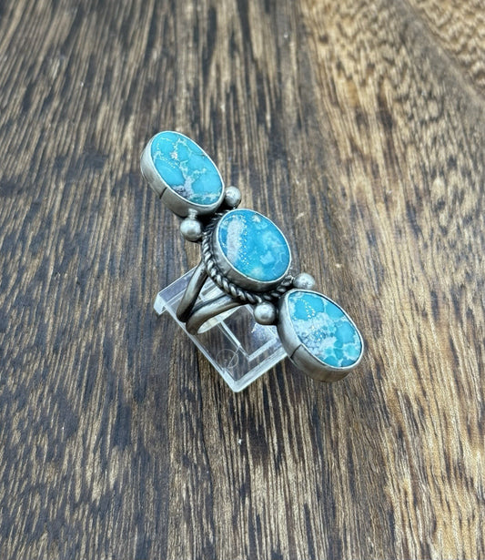 Navajo Handmade Sterling Silver Blue Bird Turquoise Cluster Ring Size 9