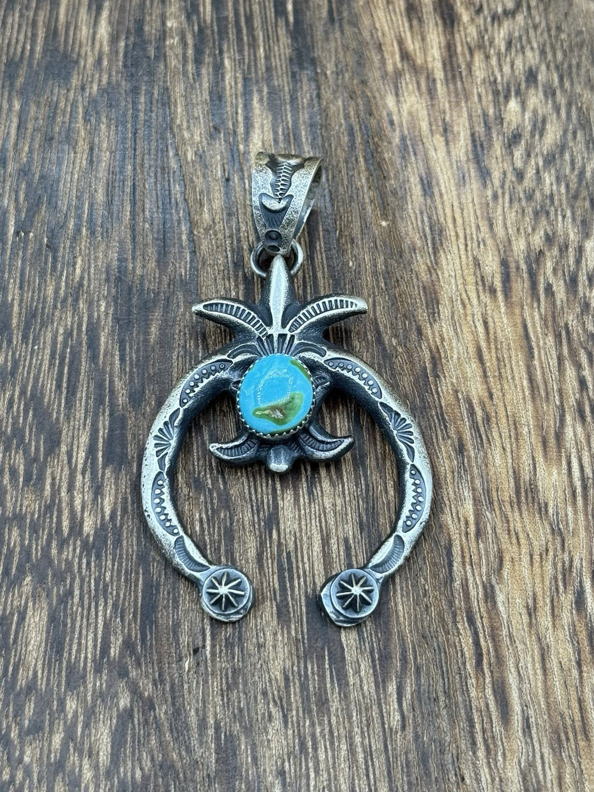 Navajo Handmade Sterling Silver Old Look Sonoran Gold Turquoise Naja Pendant