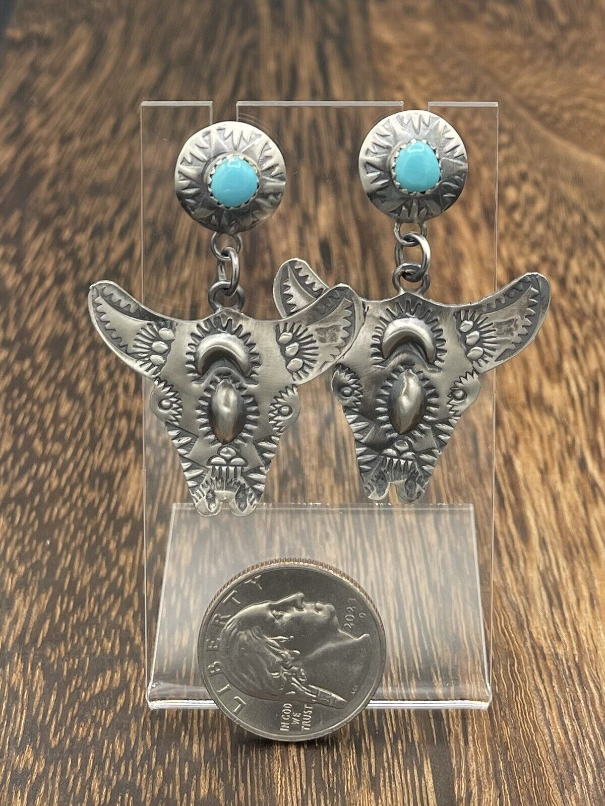 Native American Sterling Silver Navajo Handmade Oldlook Turquoise Earrings