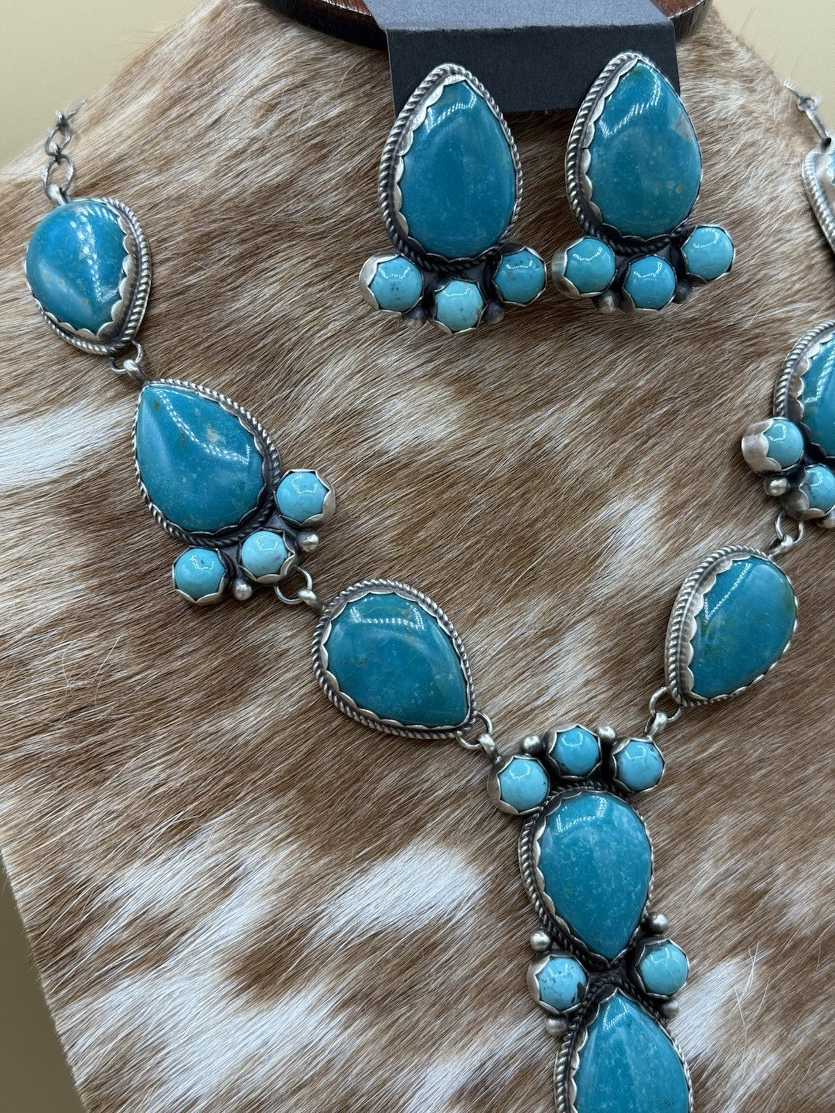 Native Navajo Handmade Sterling Silver Kingman Turquoise Lariat Necklace Set 24”