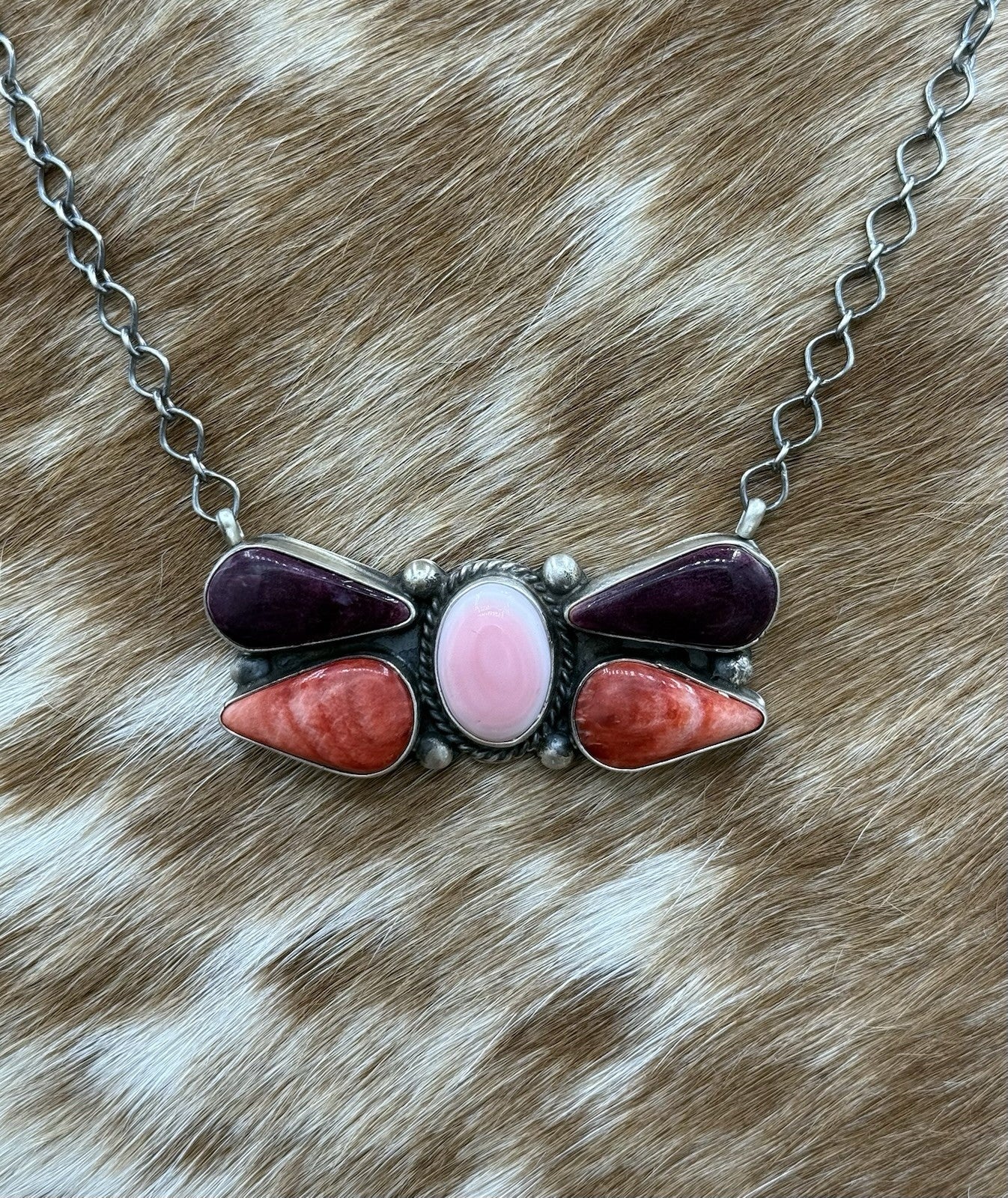 Navajo Handmade Sterling Silver Multi Stone Color Cluster Bar Necklace 18”