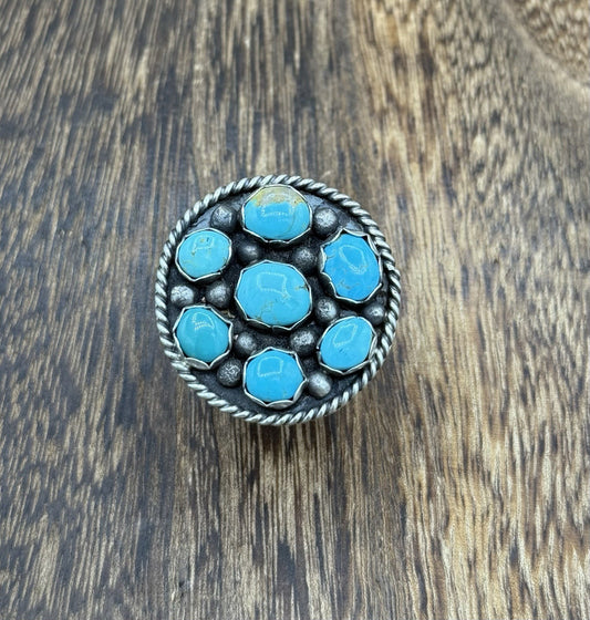 Navajo Handmade Sterling Silver Kingman Turquoise Adjustable Ring Size 7 To 9
