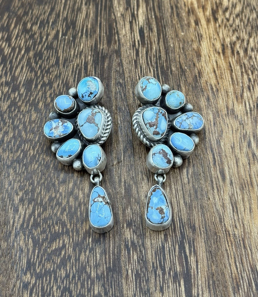 Navajo Handmade Sterling Silver Golden Hills Turquoise Half Cluster Earrings