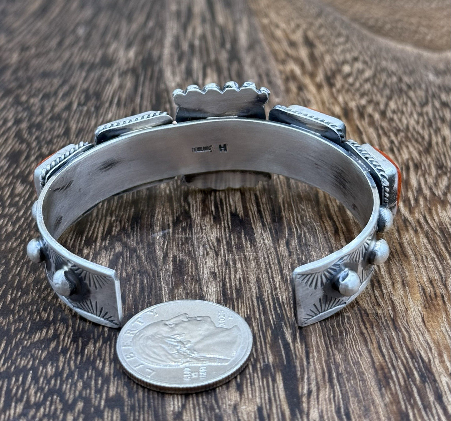 Native Navajo Handmade Sterling Silver Orange Spiny Oyster Shell Cuff Bracelet