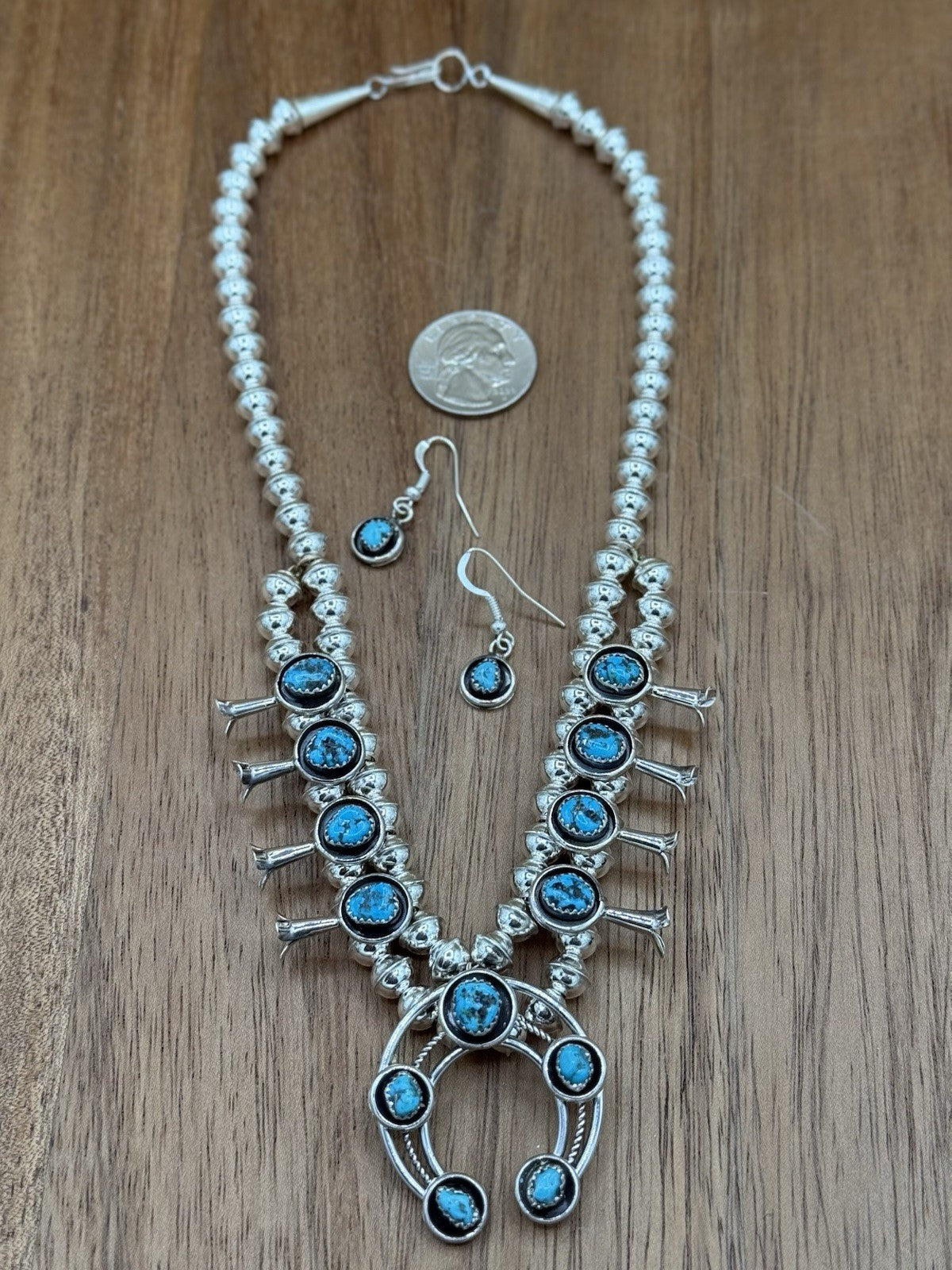 Navajo Handmade Sterling Silver Turquoise Shadowbox Squash Blossom Necklace 17”