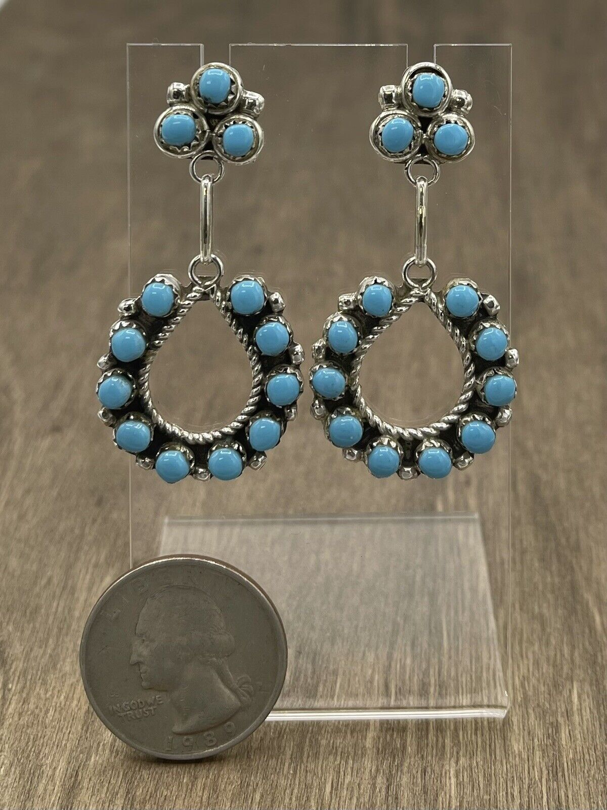 Native American Sterling Silver Zuni Handmade Natural Turquoise Dangle Earring