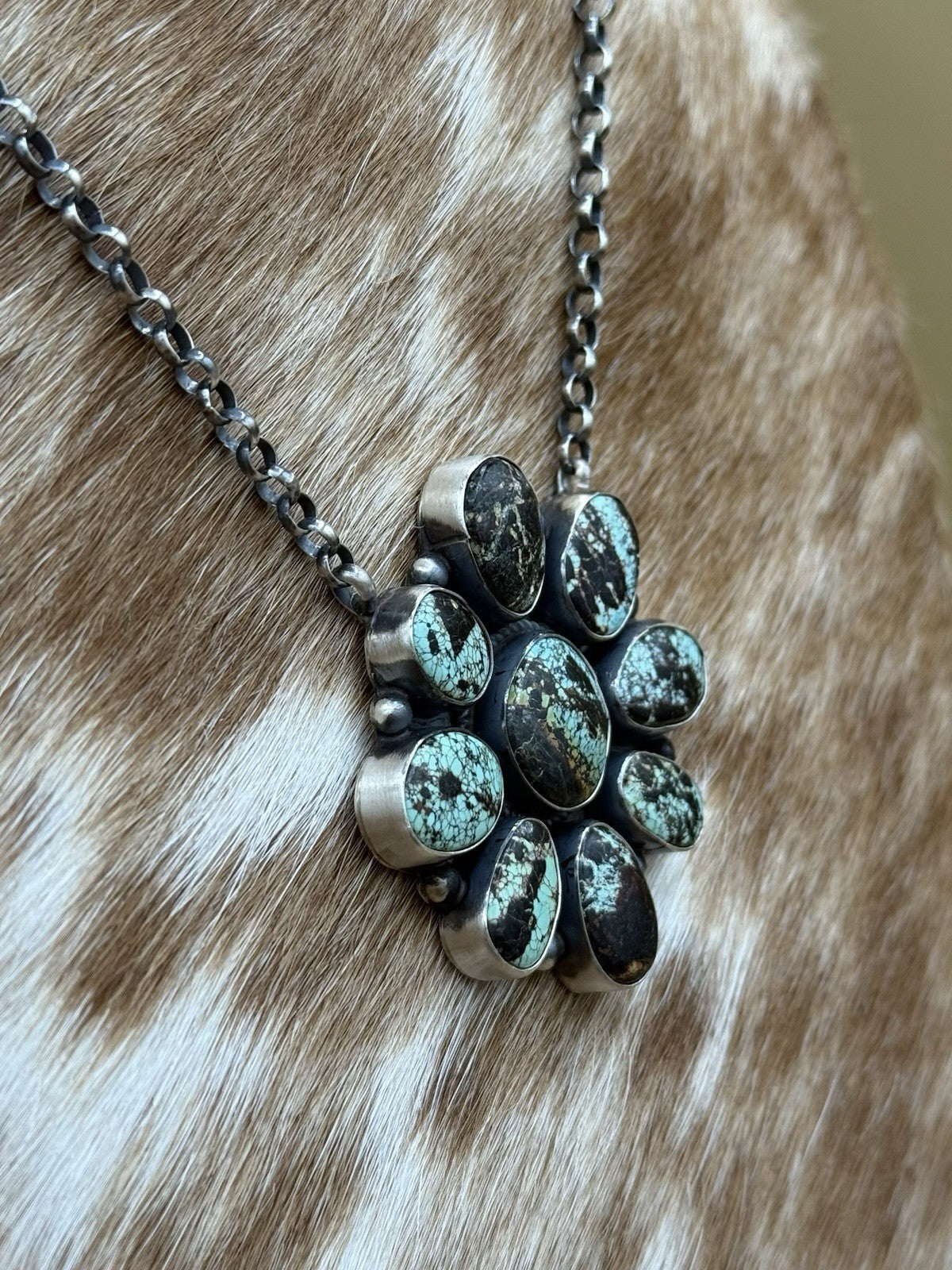 Navajo Handmade Sterling Silver Blackjack Turquoise Cluster Bar Necklace 18”