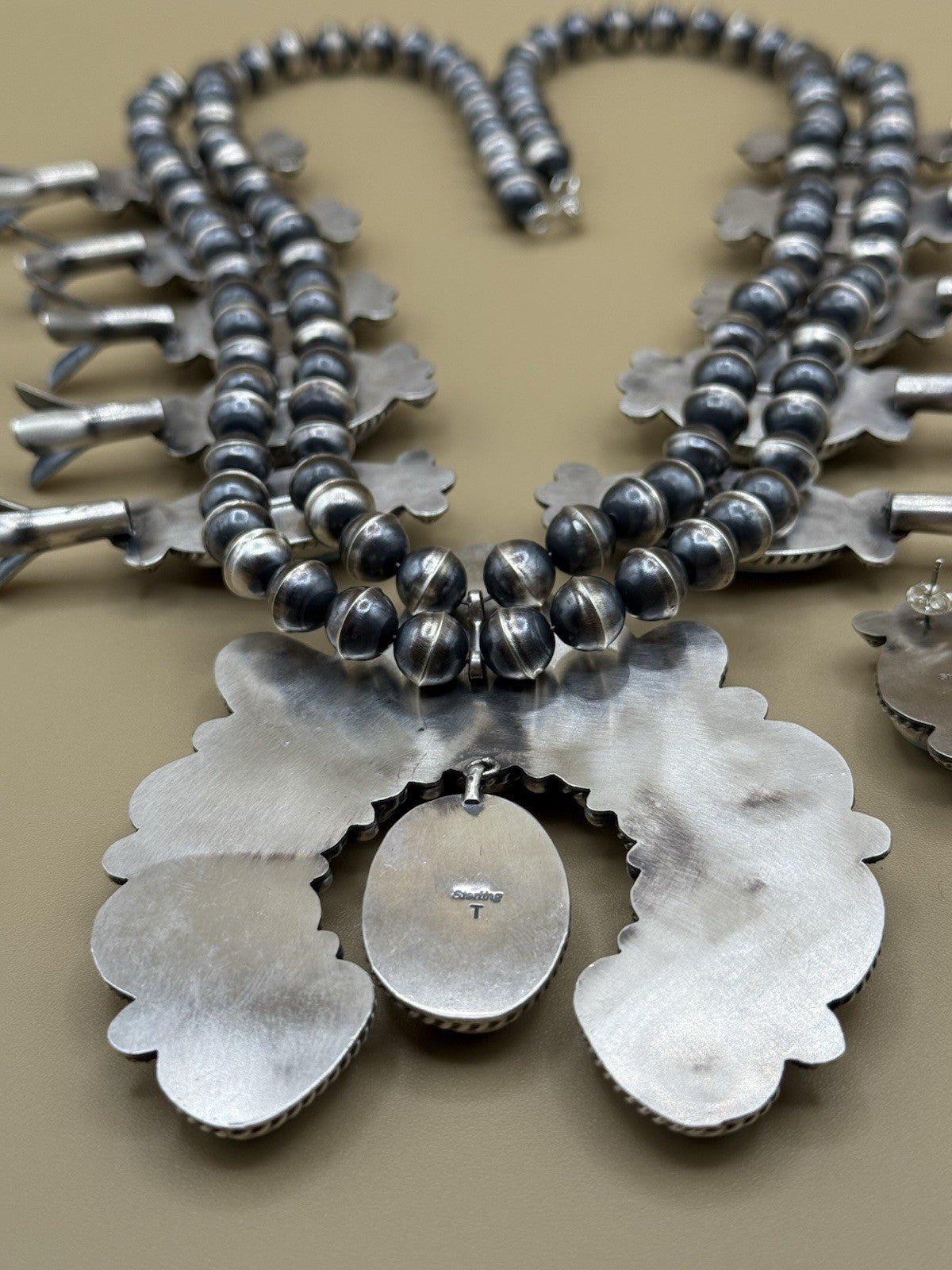 Navajo Handmade Sterling Silver Blue Ridge Turquoise Squash Blossom Necklace