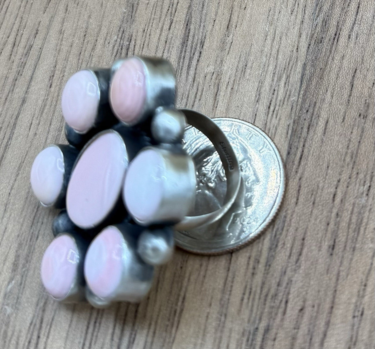 Navajo Handmade Sterling Silver Pink Conch Adjustable Ring Size 7 To 10