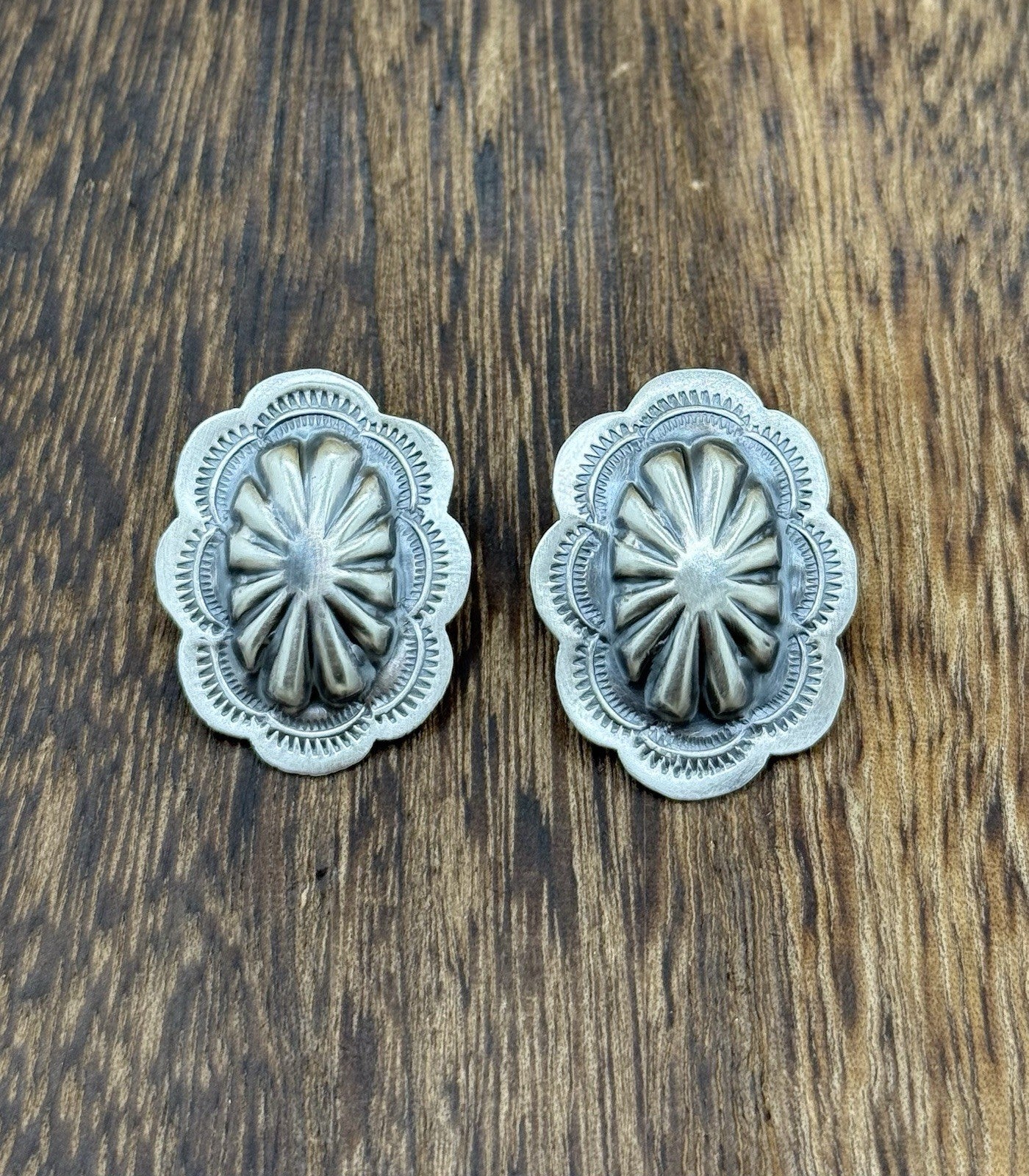 Navajo Handmade Sterling Silver Old Look Stamped Concho Design Post Earrings