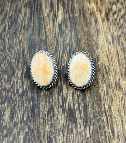 Native Navajo Handmade Sterling Silver Orange Spiny Oyster Shell Stud Earrings