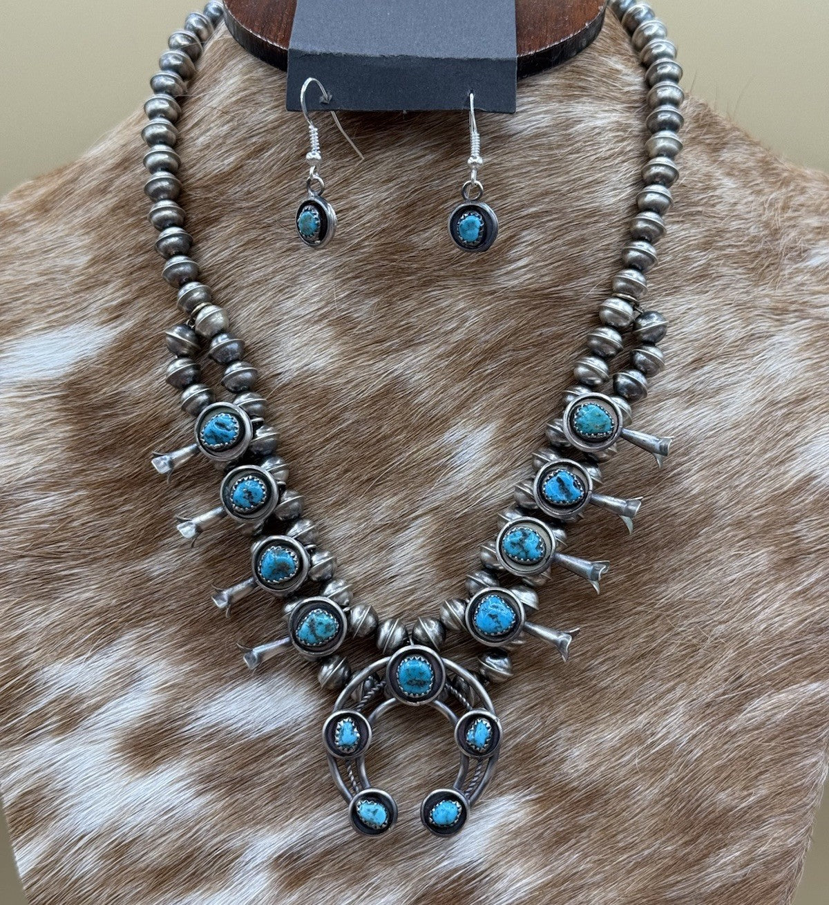 Navajo Handmade Sterling Silver Turquoise Shadowbox Squash Blossom Necklace 17”