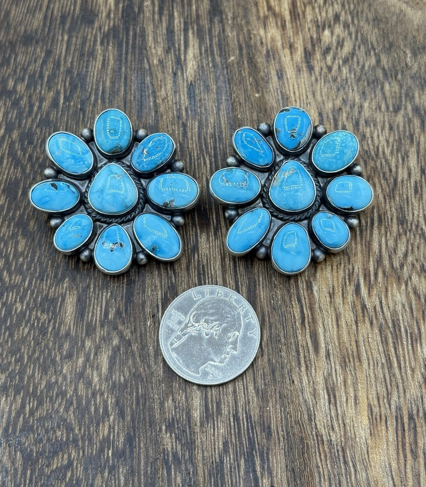 Navajo Handmade Sterling Silver Blue Ridge Turquoise Cluster Post Large Earrings